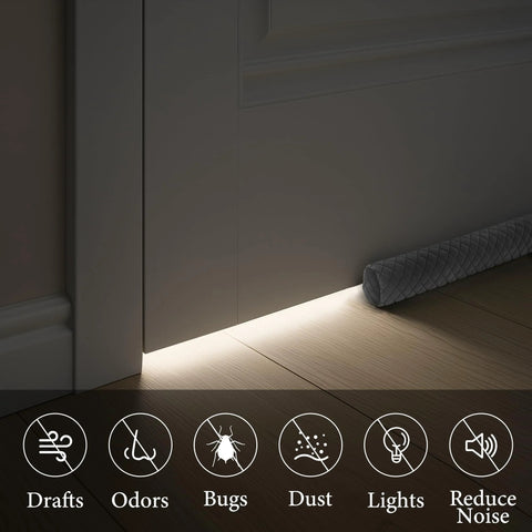 Ciieyuo All-Weather Door Draft Stopper; gray quilted cylindrical under a closed door on wood floor