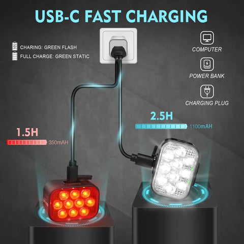 Front And Rear Bike Lights Set With 10 LED Ultra Bright Beams USB Rechargeable 8 Front Modes And 9 Rear Modes IPX6 Waterproof 1100mAh Battery Up To 35 Hours Runtime Great For Night Rides And Ride Safe On The Streets