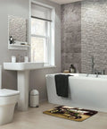 Thick Soft Absorbent Old Tractor Photo Farm Bath Rug with Non Slip Backing in a modern bathroom, placed in front of a bathtub.