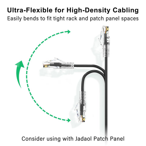 Cat6a Patch Cable 1.5ft 24 Pack Slim 28AWG Snagless UTP Ethernet Cables showing flexibility and fit in tight rack spaces