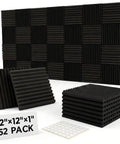 52 Pack Black Acoustic Foam Tiles With Bonus Double Sided Tape Killer Sound Absorbing Studio Wall Panels For Home Theater And Gaming Rig Total Echo Dampening 12 Inch Grid Texture displayed with textured tiles and mounting grid pattern.