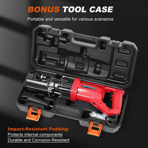 1100 Watt Cordless Rebar Cutter For 5/8 Inch Steel Bars Fast Hydraulic Cutting Up To 16Mm Durable Electric Handle in tool case.