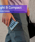 Person carrying PodTrak P4 Dope Podcast Recorder With 4 XLR Mic Inputs, 4 Headphone Outputs in a pocket for portability