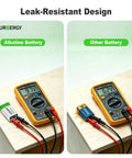 Heavy Duty 9 Volt Alkaline Batteries 8 Pack With Ten Year Shelf Life Leak Proof Design showing leak-resistant performance in a multimeter.