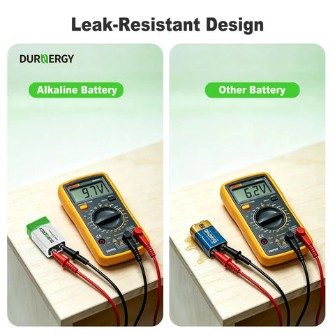 Heavy Duty 9 Volt Alkaline Batteries 8 Pack With Ten Year Shelf Life Leak Proof Design showing leak-resistant performance in a multimeter.