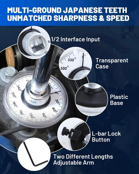 Half Inch Torque Wrench With Angle Gauge And Rotary Zero Return, Adjustable Arm With Dual Length For Cars, Trucks And Heavy Machinery, Precision Torque To Angle Measurement For Tightening Cylinder Heads And Fasteners, 1/2 drive