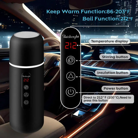 Road Trip Ready Car Kettle With 12V/24V Power Portable Hot Water Boiler for camping and travel in black showing temperature controls.