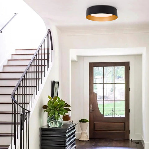 Matte Black Flush Mount Ceiling Light With Gold Interior 12.5 Inch LED Fixture 18W in a modern hallway setting