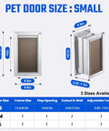 Image of All Aluminum Pet Door For Wall, small size dimensions shown, reinforced frame, adjustable tunnel, and flap opening.