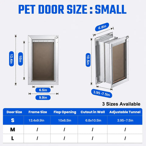 Image of All Aluminum Pet Door For Wall, small size dimensions shown, reinforced frame, adjustable tunnel, and flap opening.