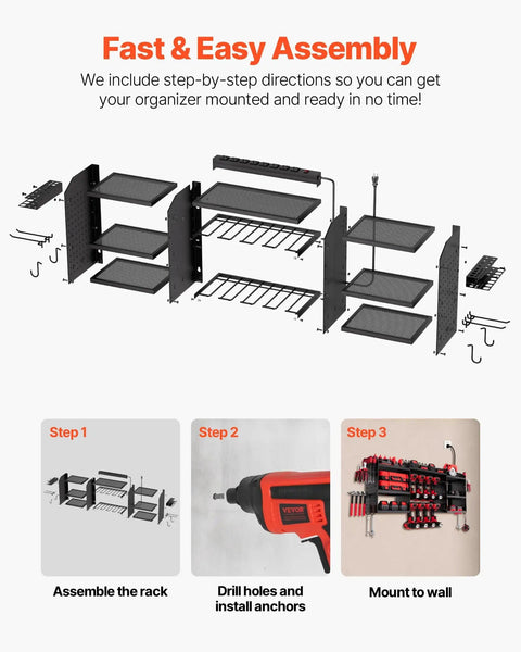 Assembly instructions for Power Tool Organizer With Charging Station And Eight Outlet Power Strip Three Tier Tool Rack.
