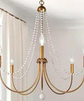 Gold 5 Light Chandelier For Dining Room And Living Space, 25 Inch Pendant Light With Wood Beads, Rustic Brushed Finish