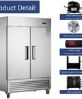 Heavy Duty 54 Inch Commercial Upright Refrigerator With Dual Solid Doors And 42 Cubic Feet Capacity Stainless Steel Frame Built Like A Tank Cooling Keeps Items At 33 To 39 Degrees Fahrenheit Ideal For Restaurants Bars Or Garages front view with digital controller and components