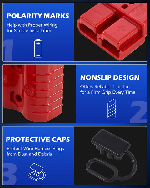 Image showing features of Beefed Up 2 Gauge Wire Harness Connectors 175 Amp Quick Connect Set 4 Pack, including polarity marks, nonslip design, and protective caps.