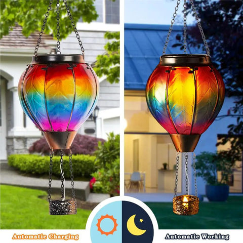 Hot Air Balloon Solar Lantern With Candle Holder Lit Flickering Flame Hanging Outdoor Garden Light Weatherproof Glass Lanterns For Lawn Porch Tree Yard Decor Night Lighting And Energy Saving Solar Glow