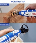 12V Cordless Rotary Tool Kit with 35000 RPM, five speed settings, keyless chuck cutting and drilling into wood with protective shield