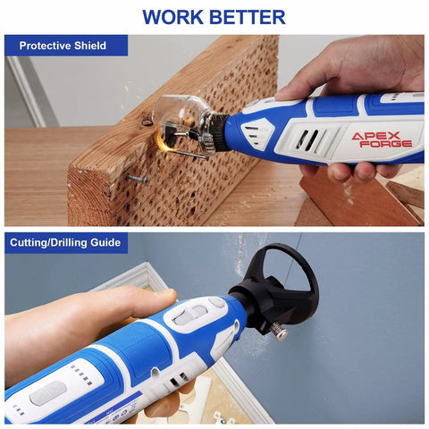 12V Cordless Rotary Tool Kit with 35000 RPM, five speed settings, keyless chuck cutting and drilling into wood with protective shield