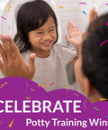 Child smiling and high-fiving a parent during potty training, Celebrate Potty Training Wins text overlay, indoors setting.