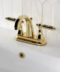 Four Inch Centerset Bathroom Faucet In Slick Polished Brass With Drip Free Ceramic Cartridge Includes Matching Pop Up Drain