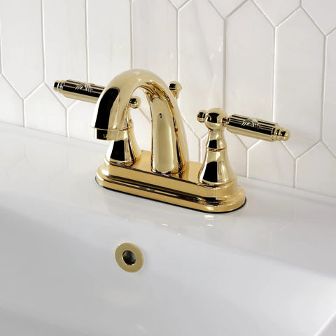 Four Inch Centerset Bathroom Faucet In Slick Polished Brass With Drip Free Ceramic Cartridge Includes Matching Pop Up Drain