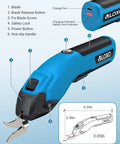Vloxo 4 Volt Cordless Electric Cardboard Cutter Scissors Rechargeable Box Opener With 10000 RPM Motor side view showing features and dimensions.
