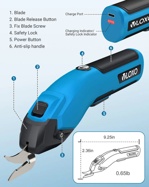 Vloxo 4 Volt Cordless Electric Cardboard Cutter Scissors Rechargeable Box Opener With 10000 RPM Motor side view showing features and dimensions.