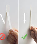 MOVELYST clear adhesive wall hook; two-panel view showing improper removal on left and proper installation on right.