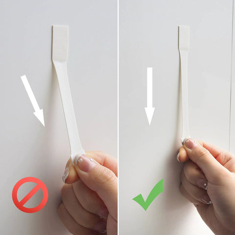 MOVELYST clear adhesive wall hook; two-panel view showing improper removal on left and proper installation on right.