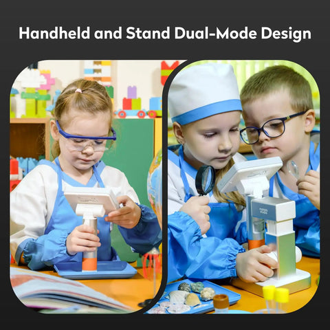 Kids Microscope Handheld Digital Miniscope With Stand Mode For Indoor And Outdoor Learning Built For Ages 5 To 18 Totally Awesome For Biology Geology Coins And More A Fun Educational Science Toy For Curious Minds, kids using stand