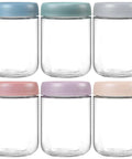 Six Pack 16 Oz Glass Jars With Airtight Lids For Overnight Oats, Snacks And Meal Prep, Wide Mouth Mason Style Jars multicolor lids