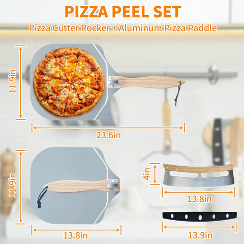 Front view: ALLTOP metal pizza peel with wooden turning handle; 12x14in aluminum paddle; 4x14in rockers (2 packs).