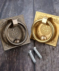 Antique Bronze Brass Cabinet Door Handles Set Of 2 With Vintage Chinese Drop Design on wood surface with screws