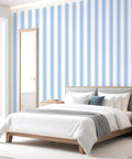 Easy Peasy Peel And Stick Self Adhesive Wallpaper With Chill Blue And White Hand Drawn Stripes in a serene bedroom setting.