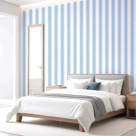 Easy Peasy Peel And Stick Self Adhesive Wallpaper With Chill Blue And White Hand Drawn Stripes in a serene bedroom setting.