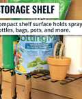 Garden Tools Organizer Wall Mount Shelf for pruners, shears, scissors, with bags and pots on a steel wire rack, ideal for shed.