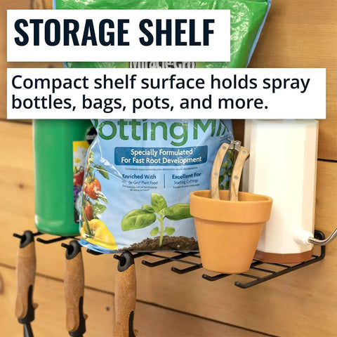 Garden Tools Organizer Wall Mount Shelf for pruners, shears, scissors, with bags and pots on a steel wire rack, ideal for shed.