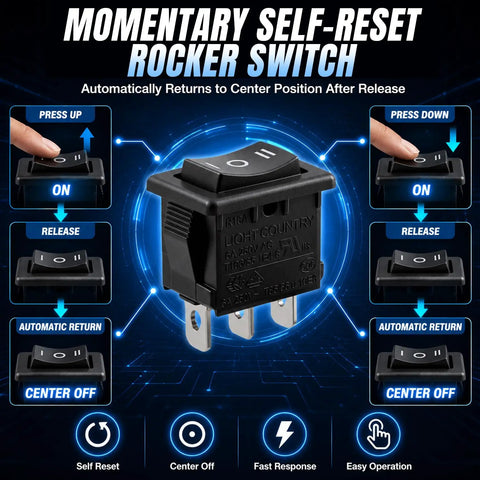 Three Pin Three Position R19A Double Sided Self Reset Switch For Vehicle Lighting And Control Panels Auto Reset 6A At 250VAC Fits 13mm By 19mm Holes For 120V To 125V Systems, black rocker switch