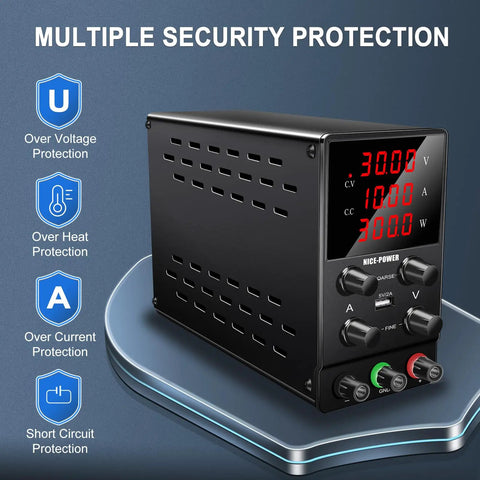 Pro Grade DC Power Supply 30V 10A Adjustable Switching Regulated Bench Lab Unit With 4-Digit LED Display on stand