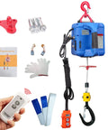 Dremvoist 3 In 1 Electric Hoist Winch with remote, steel cable, gloves, and accessories for lifting heavy loads in warehouses.