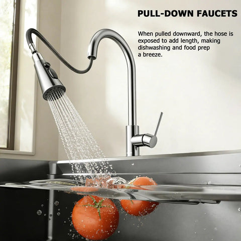 Brushed Nickel Kitchen Faucet With Pull Down Sprayer High Arc Single Handle Stainless Steel Sink Faucet spraying tomatoes