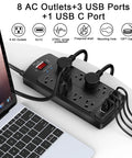 Heavy Duty 10 Foot Surge Protector Power Strip With 8 Outlets And 4 USB Ports 2700 Joules Flat Plug Overload Protection ETL Listed For Home Office Dorm College School Black, on desk