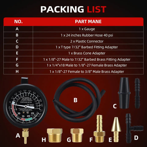 Fuel Pump And Vacuum Tester Gauge For Car Carburetor Diagnostics With Leak Testing Lets You Nail Fuel Pump Pressure To 10 PSI And Read Engine Vacuum To 28 InHg Includes Large Three And A Half Inch Adapters And Red Blow Mold Case. Gauge, hose, and brass adapters shown