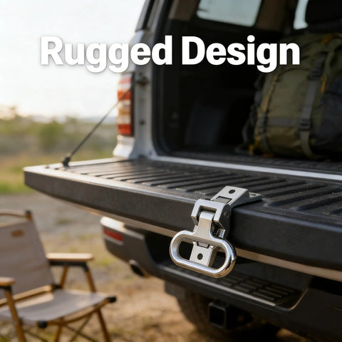 316 stainless steel folding foot pedal with spring-loaded hinge installed on a truck tailgate for boat trailer boarding.