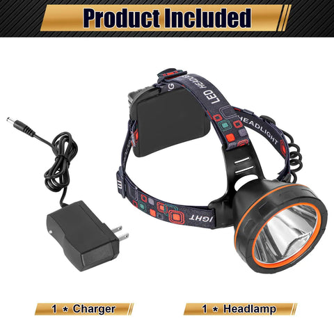 Rechargeable Headlamp With Ergonomic Separation Design shown with a charger, spotlight for coon hunting, waterproof and hard hat compatible
