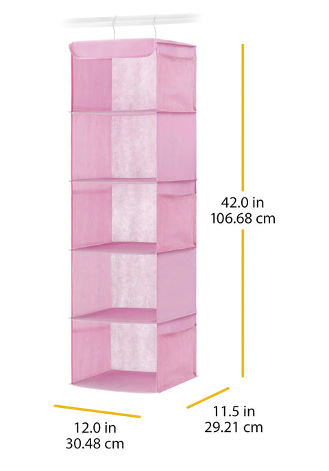 Pink Hanging Closet Organizer Featuring Five Roomy Shelves Plus Nifty Side Pockets For Shoes Scarves Toys And Hand Towels The Ultimate Closet Game Changer
