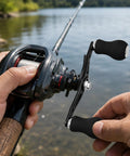 Rock Solid Aluminum Ambidextrous Power Crank Handle Replacement Kit With EVA Double Knob Grips for Saltwater Fishing Reels in use on water