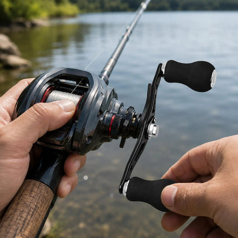 Rock Solid Aluminum Ambidextrous Power Crank Handle Replacement Kit With EVA Double Knob Grips for Saltwater Fishing Reels in use on water