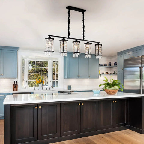 Five Light Modern Crystal Kitchen Island Pendant Light Black Metal Semi Flush Chandelier Height Adjustable Fixture