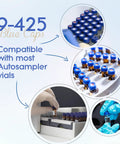 Premium Quality 100 Pack Blue 9 Mm Screw Thread HPLC Vial Caps Featuring Pre Slit PTFE Lined Septa in use with autosampler vials.