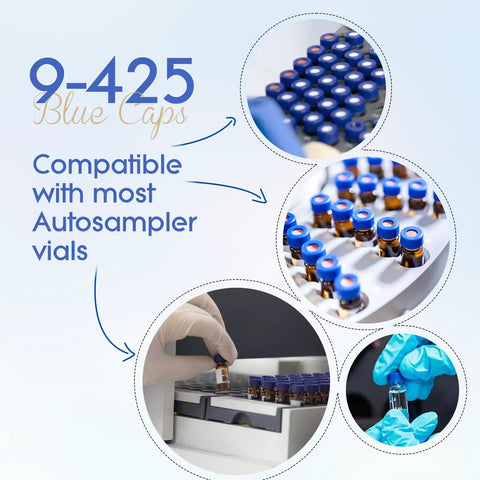 Premium Quality 100 Pack Blue 9 Mm Screw Thread HPLC Vial Caps Featuring Pre Slit PTFE Lined Septa in use with autosampler vials.